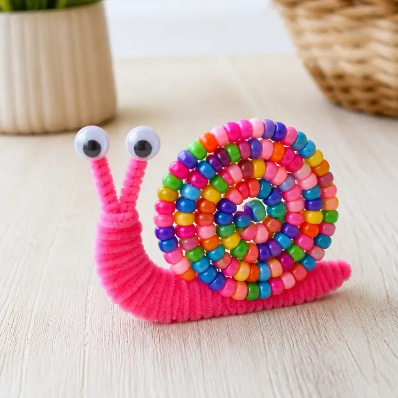 Colorful DIY snail craft made with beaded pipe cleaners