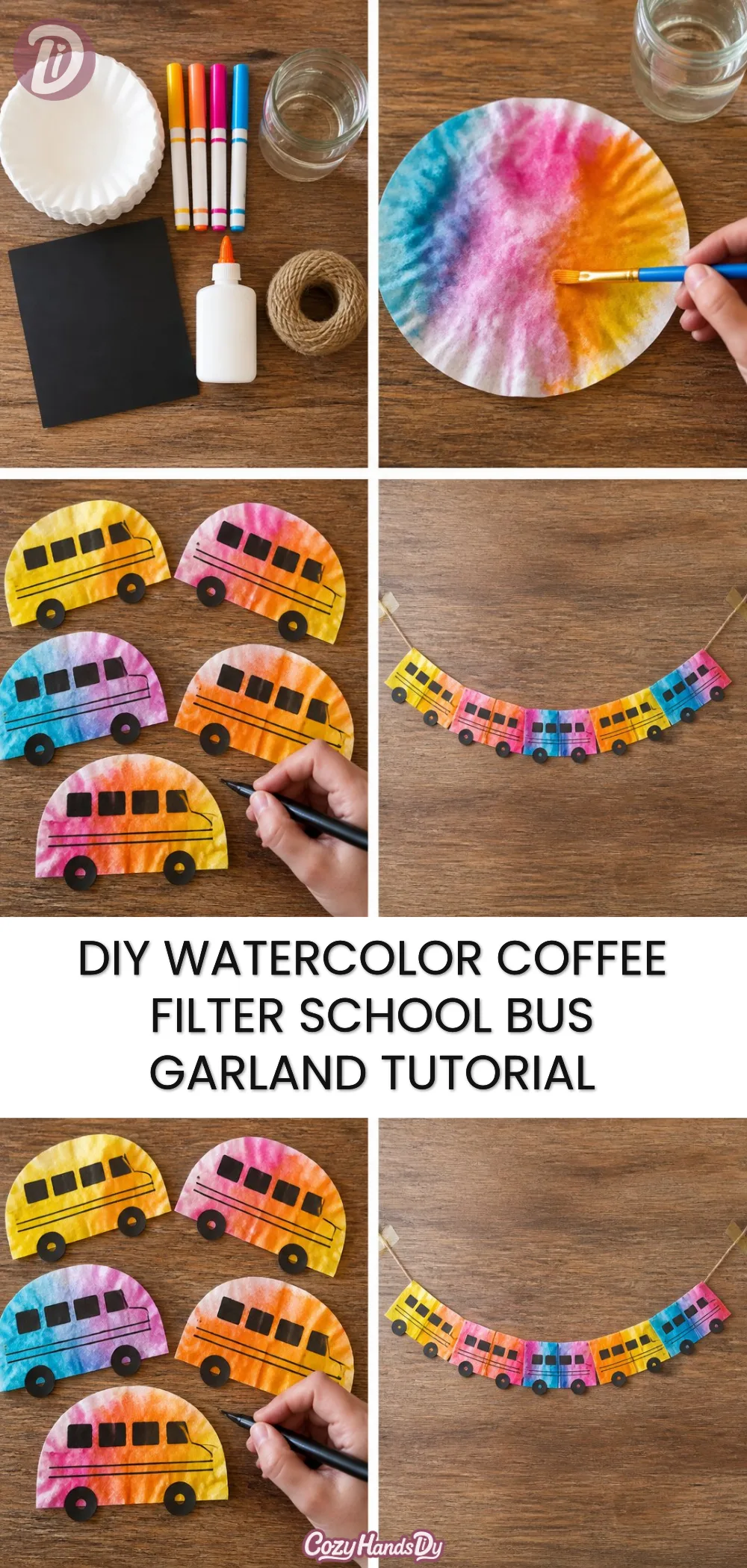 DIY Watercolor Coffee Filter School Bus Garland Tutorial