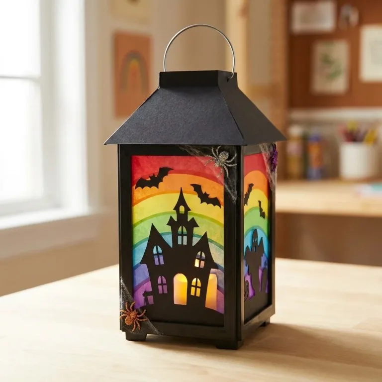Dollar-store rainbow haunted house lantern illuminating a spooky setting.