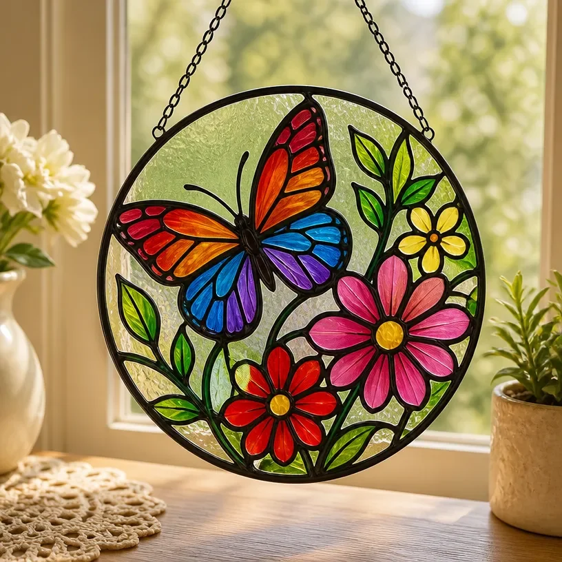 Faux stained glass craft project adding warmth to a cozy interior