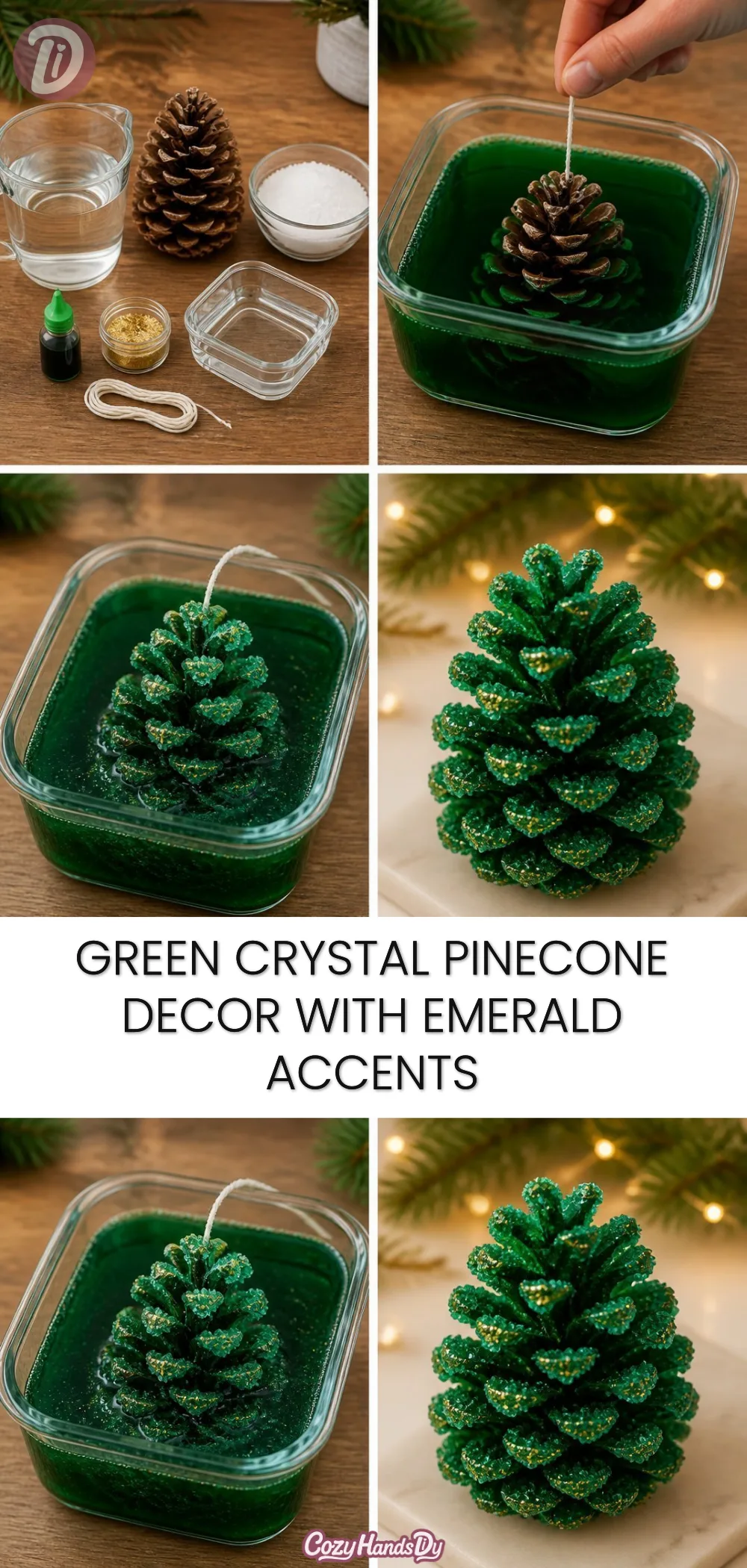Green Crystal Pinecone Decor with Emerald Accents