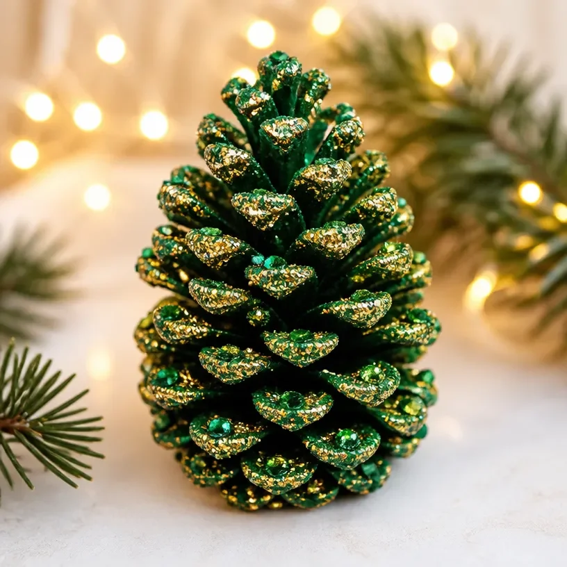 Elegant Green Crystal Pinecone Decor with Emerald Accents for home styling.