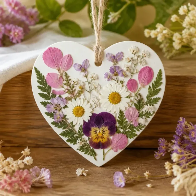 DIY botanical heart ornament made with dried flowers and greenery.