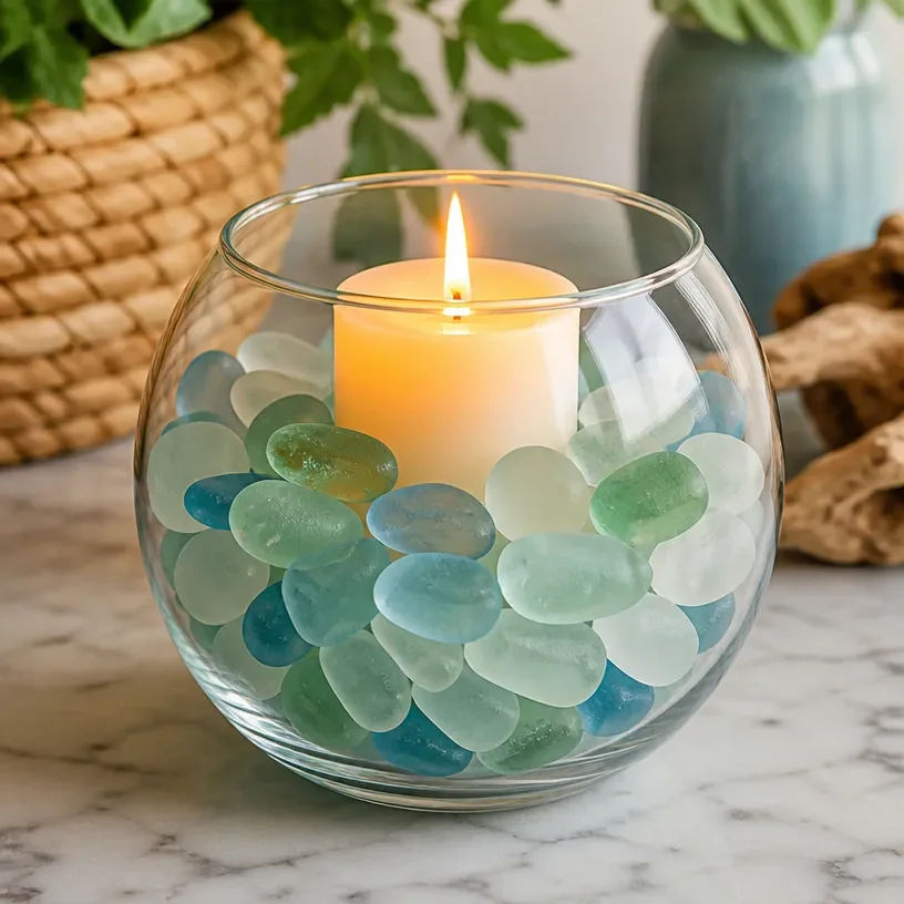 DIY sea glass candle bowl tutorial for unique home decor