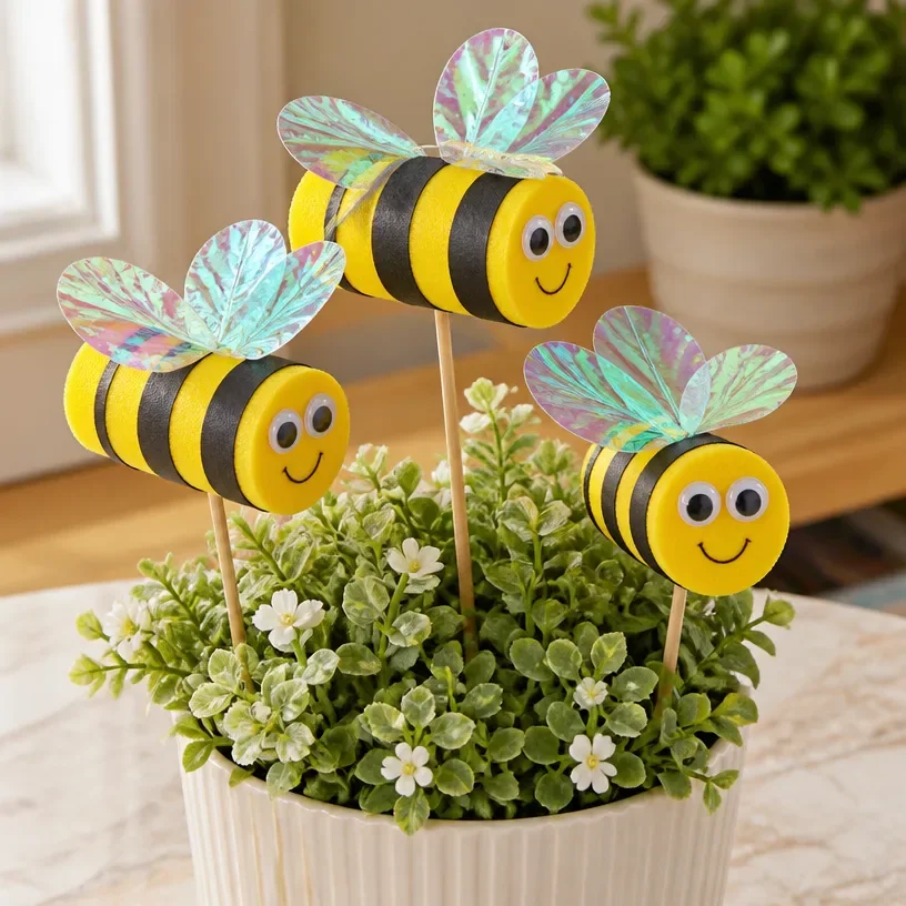Colorful Pool Noodle Bumble Bee Stakes for garden decoration and plant support.
