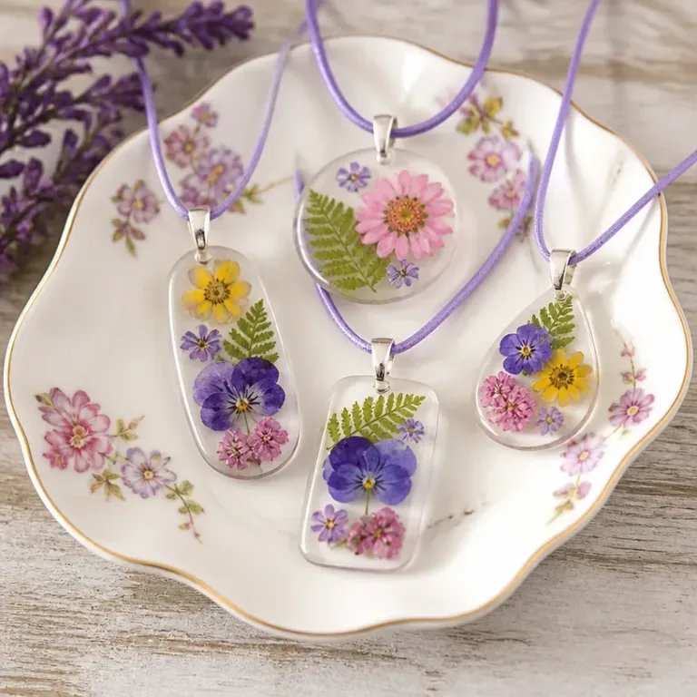 Cozy pressed flower charms made from cornstarch, showcasing nature's beauty.