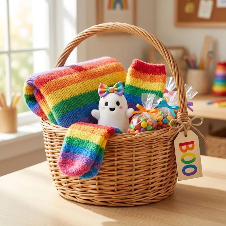 Colorful Rainbow Boo Basket for kids filled with cozy surprises