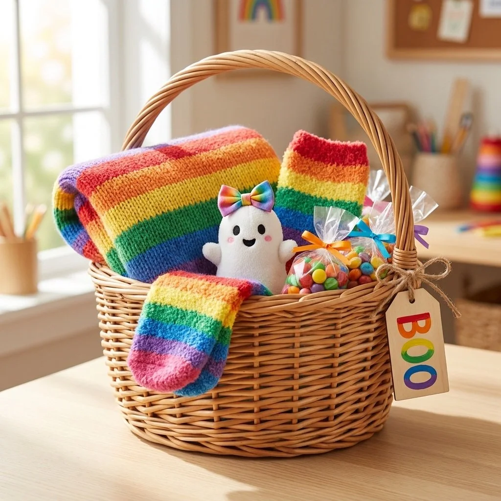 Colorful Rainbow Boo Basket for kids filled with cozy surprises
