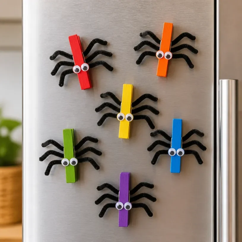 Colorful Rainbow Clothespin Spider fridge magnets for vibrant home decoration.