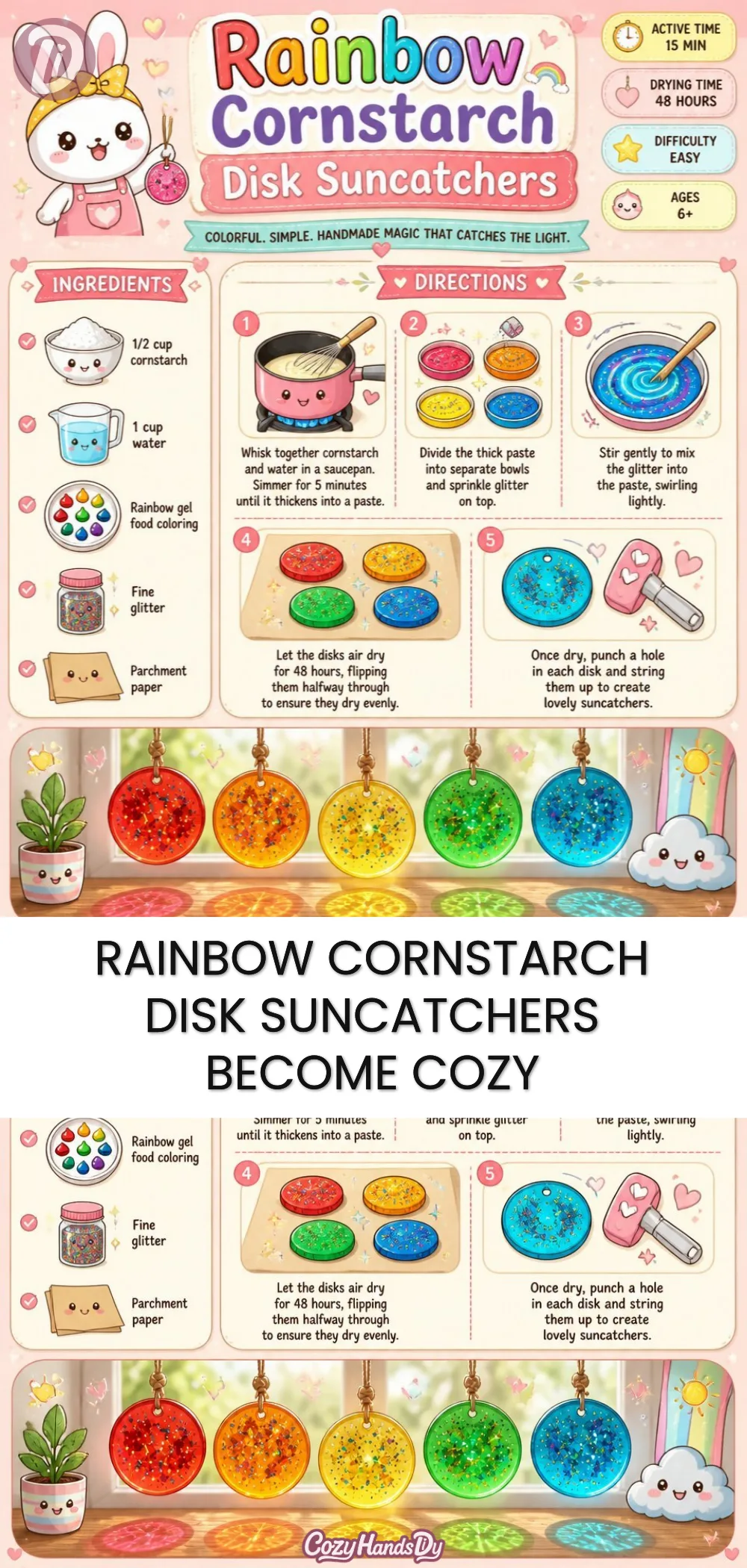 Rainbow Cornstarch Disk Suncatchers Become Cozy