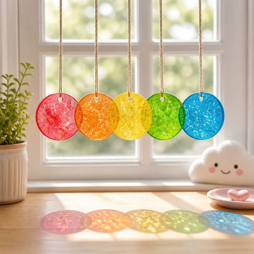 Rainbow Cornstarch Disk Suncatchers Become Cozy