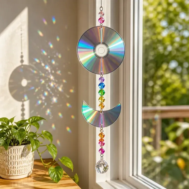 Rainbow cornstarch disk suncatchers casting colorful light in a serene space.