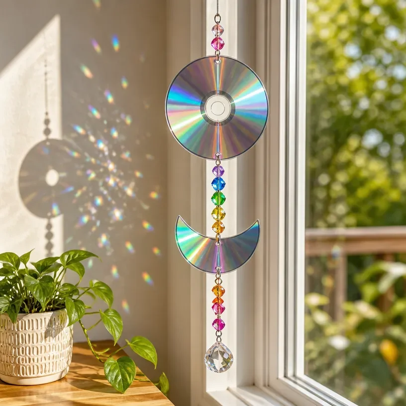 Rainbow cornstarch disk suncatchers casting colorful light in a serene space.