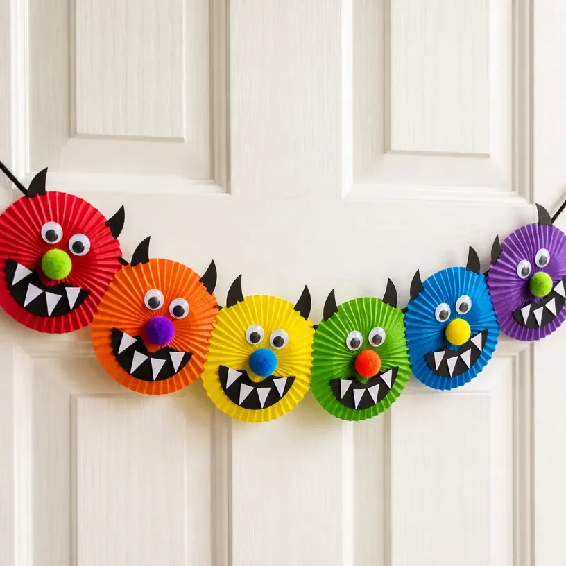 Colorful door garland made of rainbow cupcake liners in monster shapes.