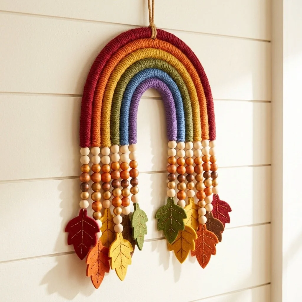 Rainbow Fall Door Hanging with colorful beaded leaves for festive home decor