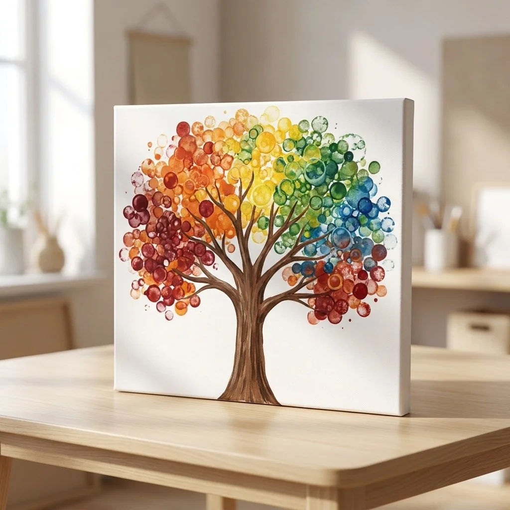 Rainbow Fall Tree bubble-paint canvas art featuring vibrant colors and textures.