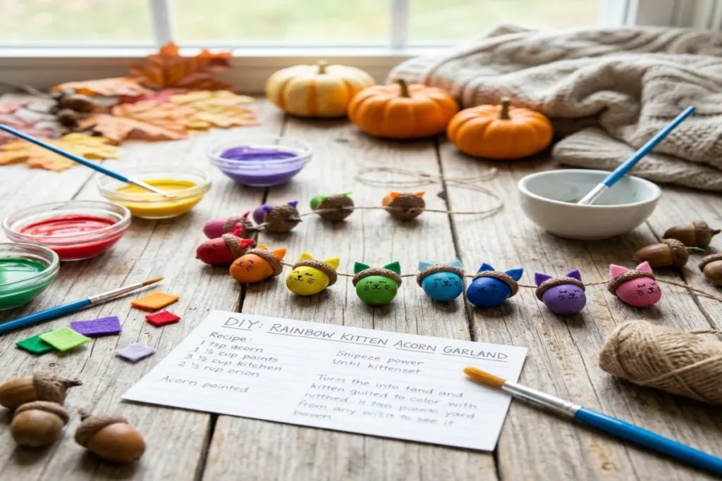 Colorful Rainbow Kitten Acorn Garland perfect for cozy home decor