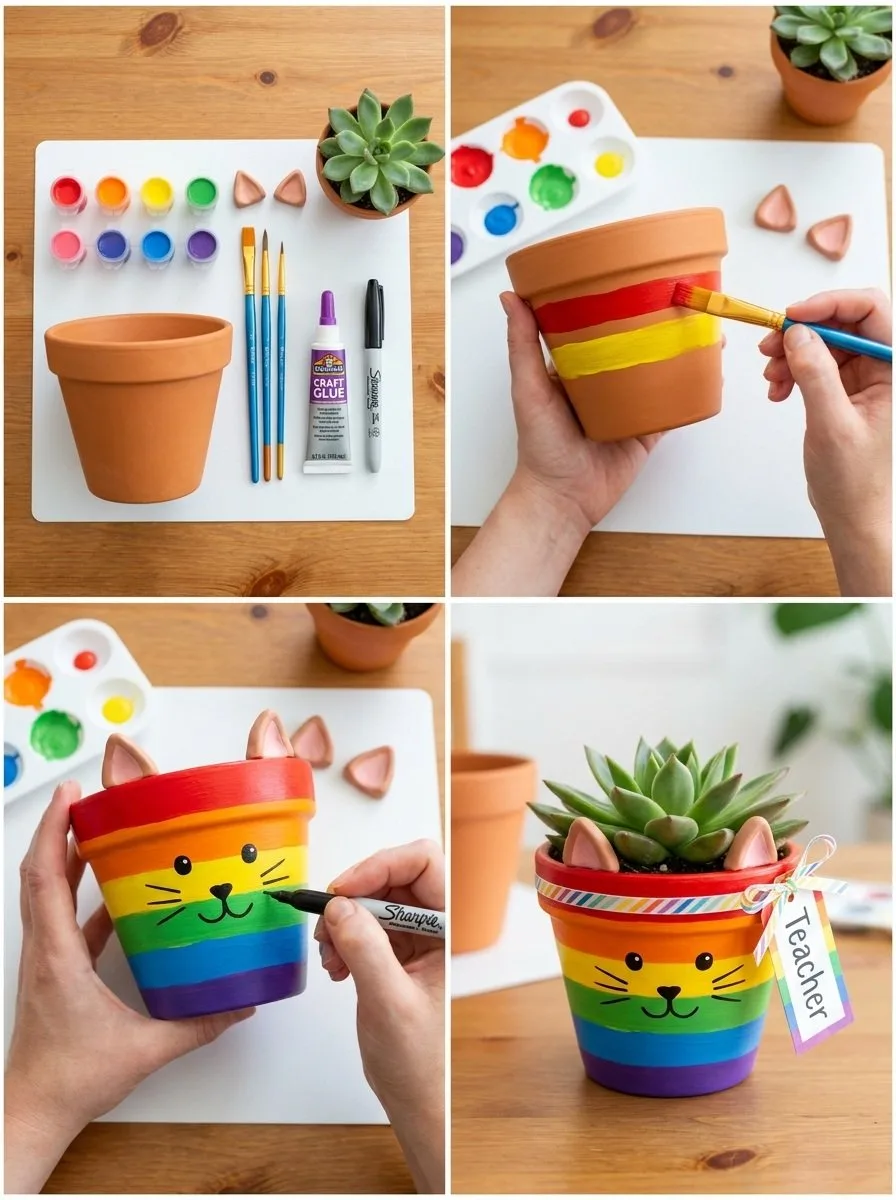Teacher's Rainbow Kitten Flower Pot