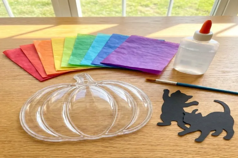 Colorful Rainbow Kitten Pumpkin Suncatcher hanging in a sunlit window