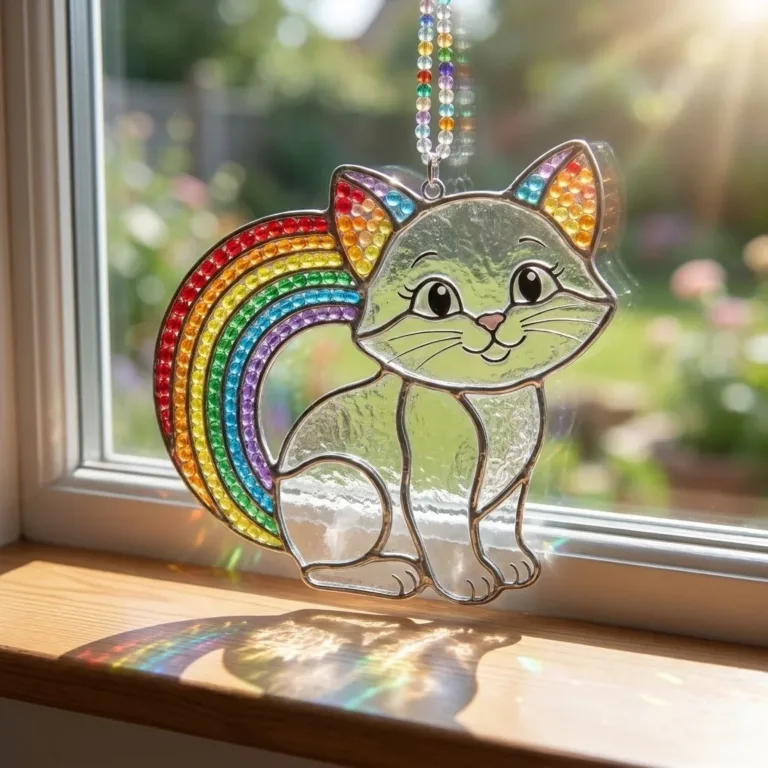 Rainbow kitten suncatcher clear glass window ornament for colorful decor
