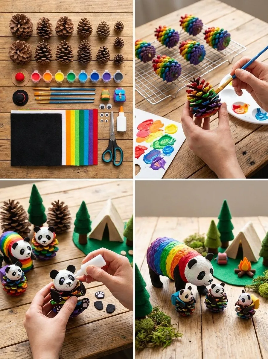 Rainbow Panda Pinecone Family
