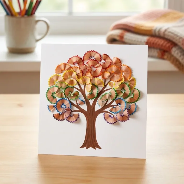 Rainbow pencil-shaving fall tree art showcasing vibrant autumn colors.