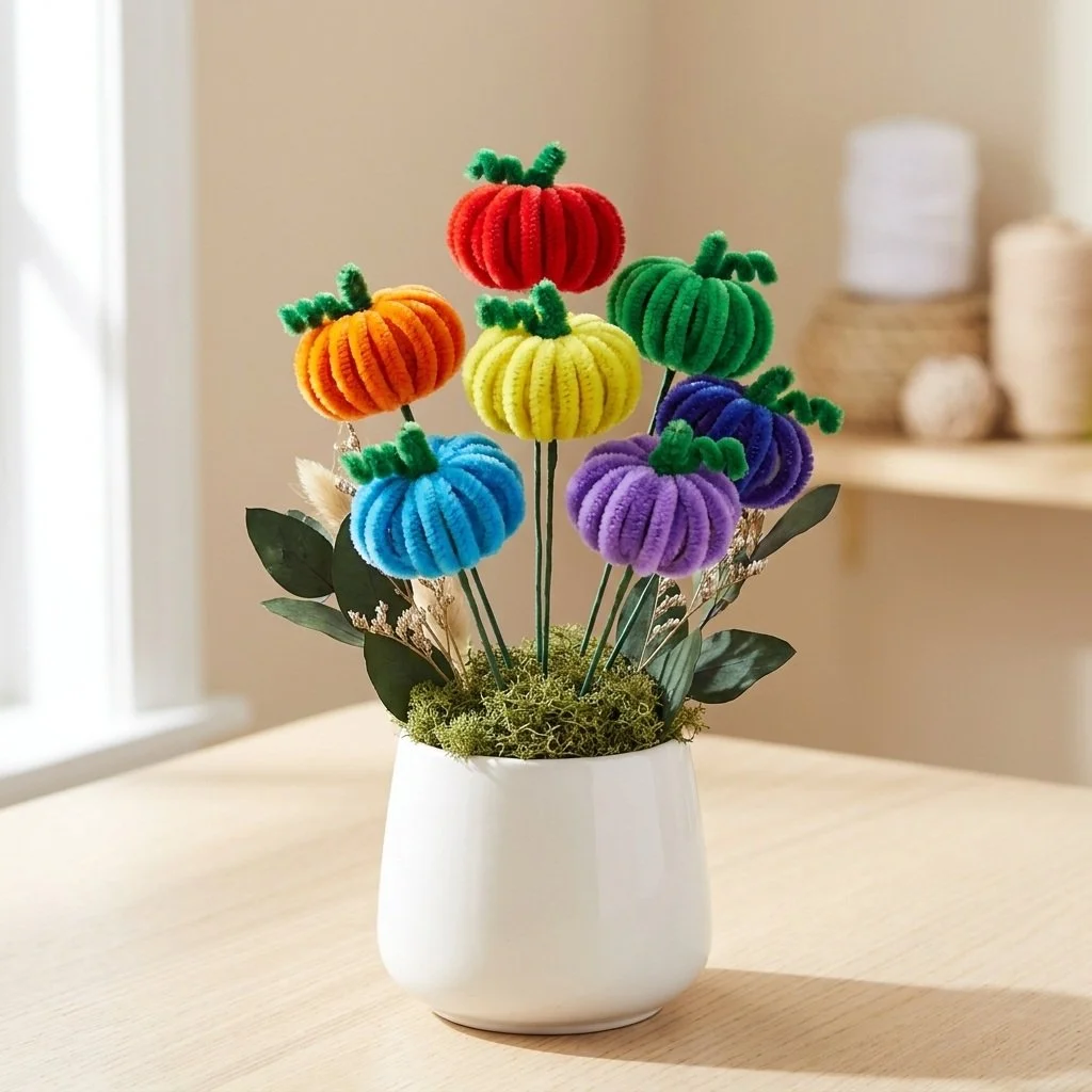 Colorful rainbow pipe cleaner pumpkin bouquet for fall decoration