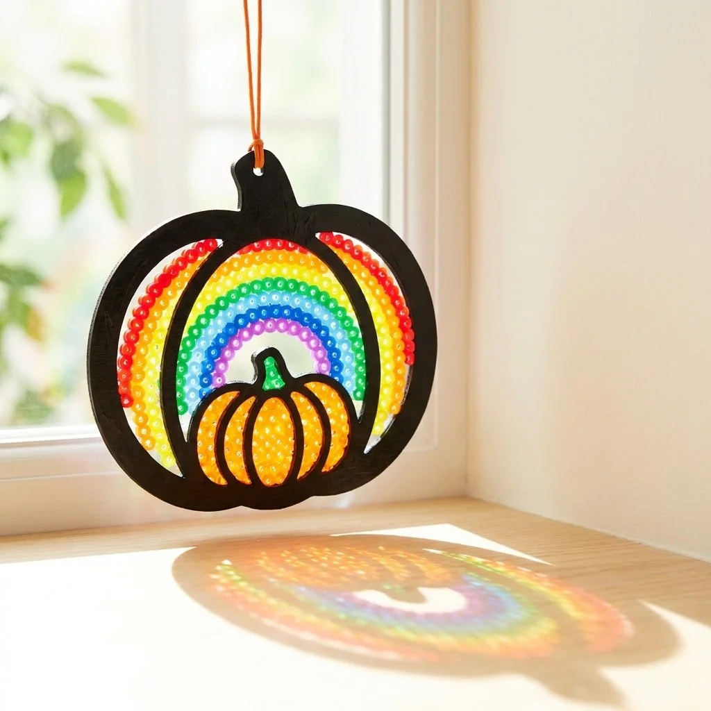 Rainbow Pumpkin Patch suncatcher glowing in sunlight, vibrant home decor