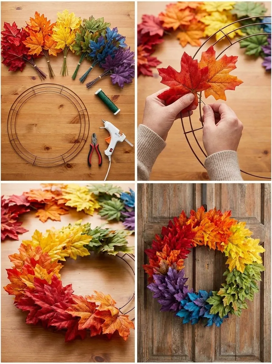 Rainbow Puppy Fall Leaf Wreath