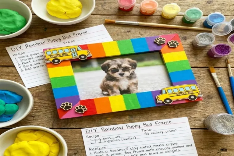 Colorful Rainbow Puppy School Bus Photo Frame for kids' memories