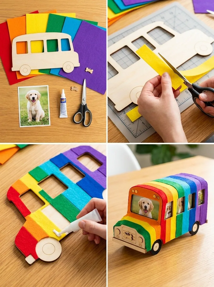 Rainbow Puppy School Bus Photo Frame