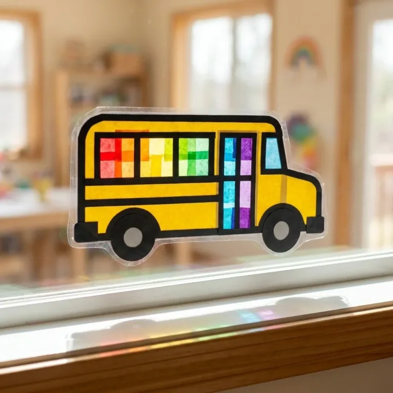 Rainbow School Bus Window Suncatcher reflecting colorful light