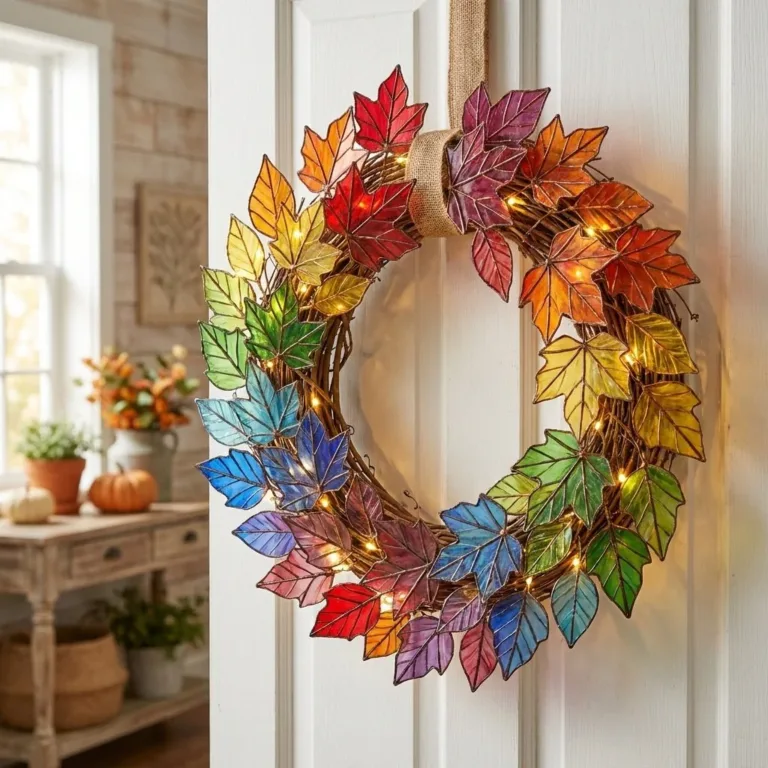 Rainbow stained-glass fall wreath adding cozy autumn charm to home decor.