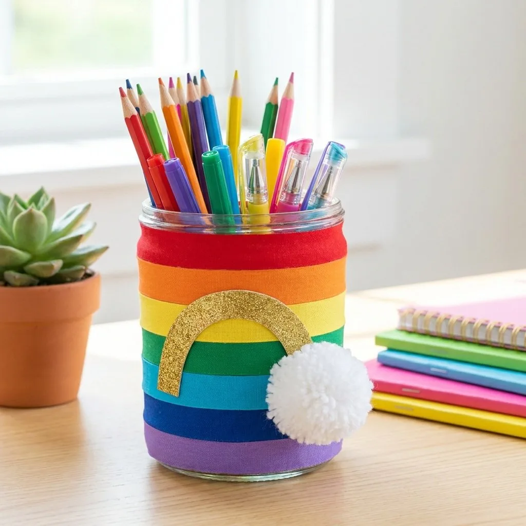 Rainbow-Themed Pencil Jar Becomes Cozy Desk