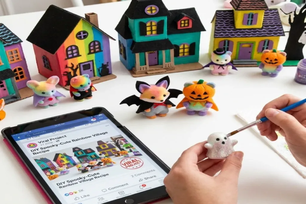 Spooky-Cute Rainbow Animal Haunted Village with colorful scenes and ghostly animals.