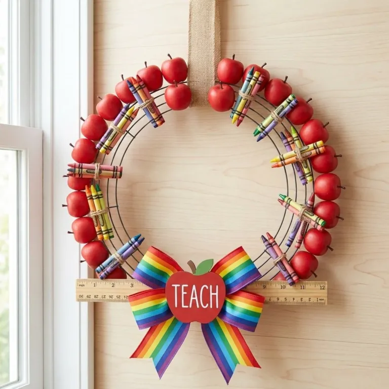 Colorful Teacher's Rainbow Apple Pencil Wreath for decoration