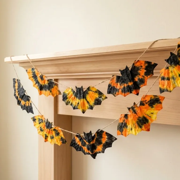 Colorful tie-dye coffee filter garland for cozy home decor.