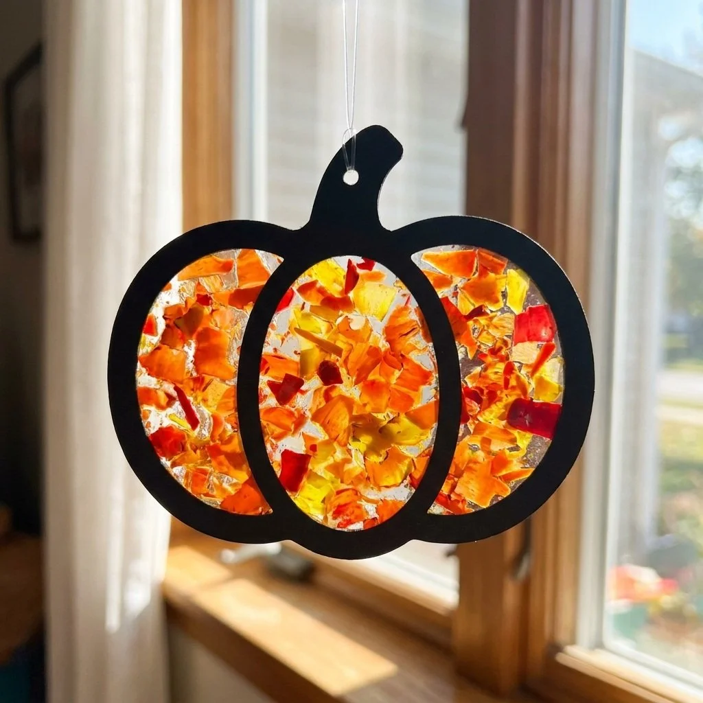 Vibrant melted crayon pumpkin suncatcher with colorful wax drips