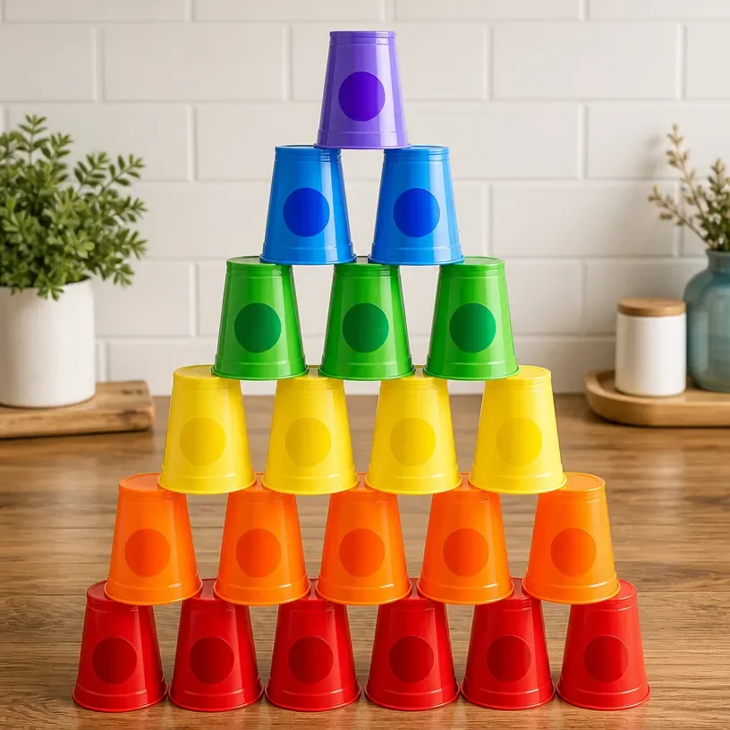 Colorful stackable cups forming a Rainbow Cup Tower challenge.