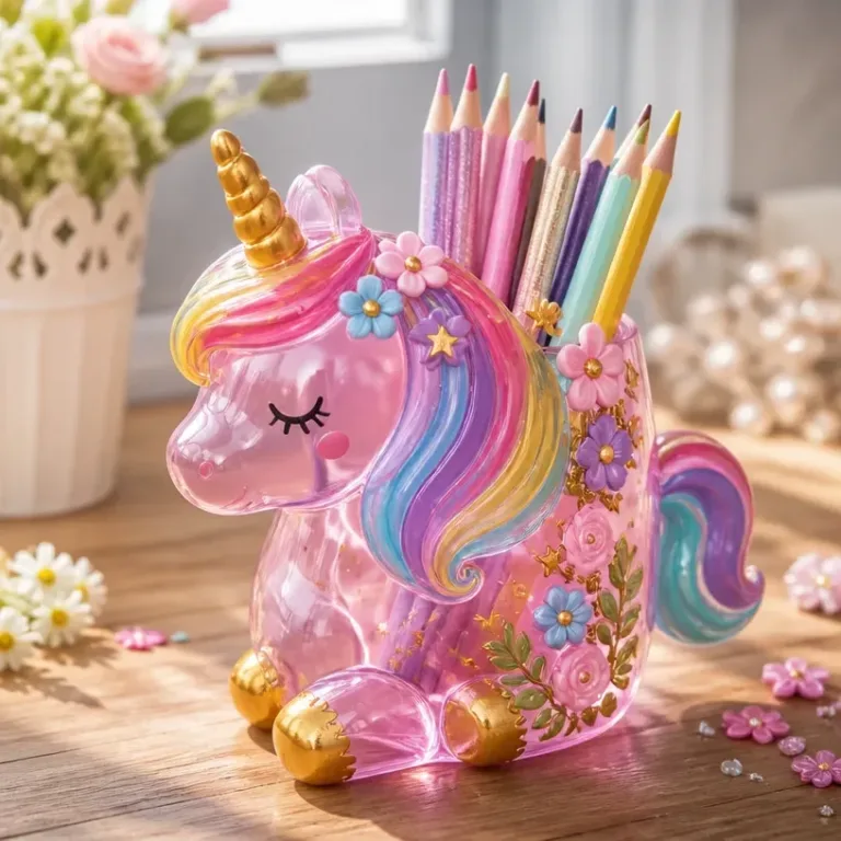 Clear Pink Unicorn Pencil Holder that transforms into a decorative art piece