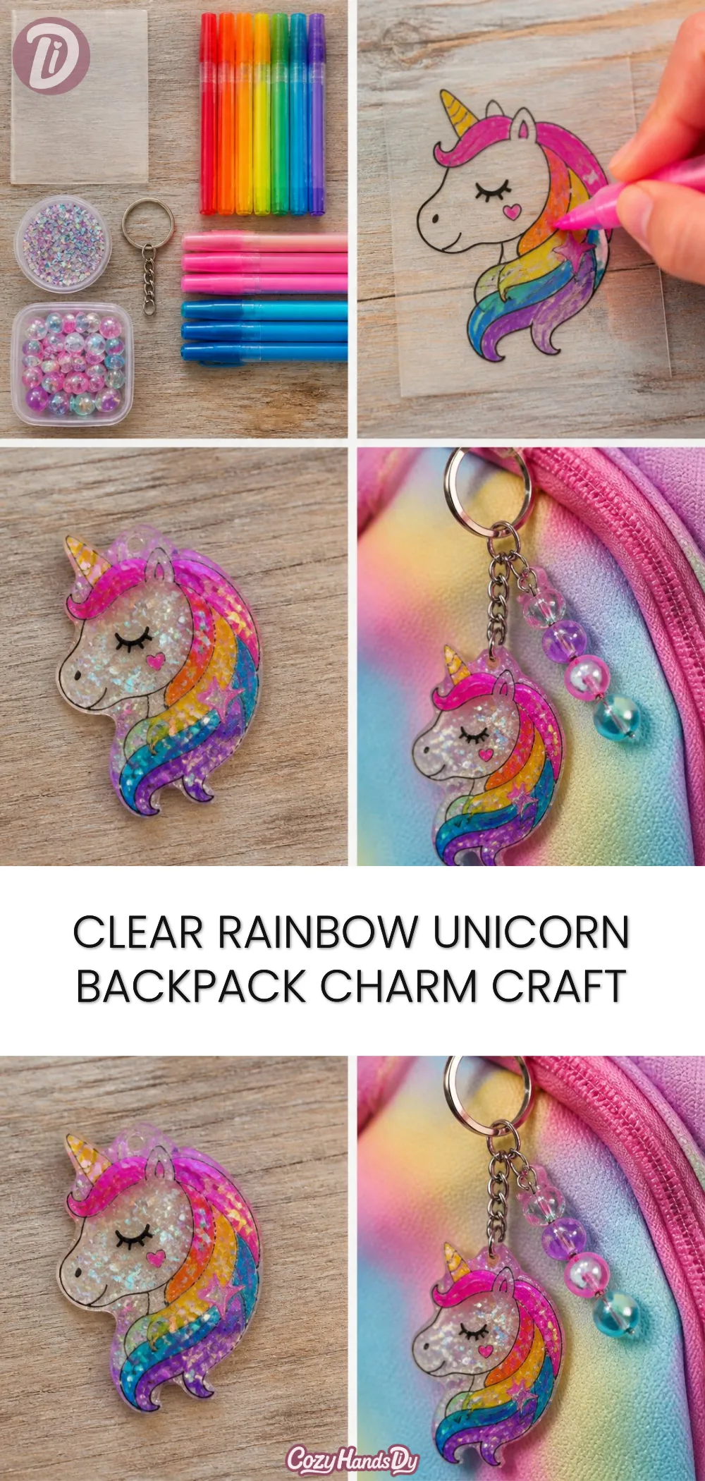 Clear Rainbow Unicorn Backpack Charm Craft