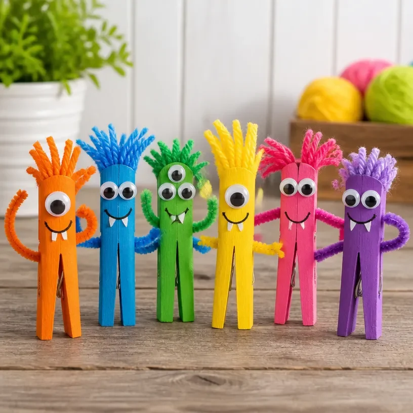 Colorful clothespin monster craft displayed on a table
