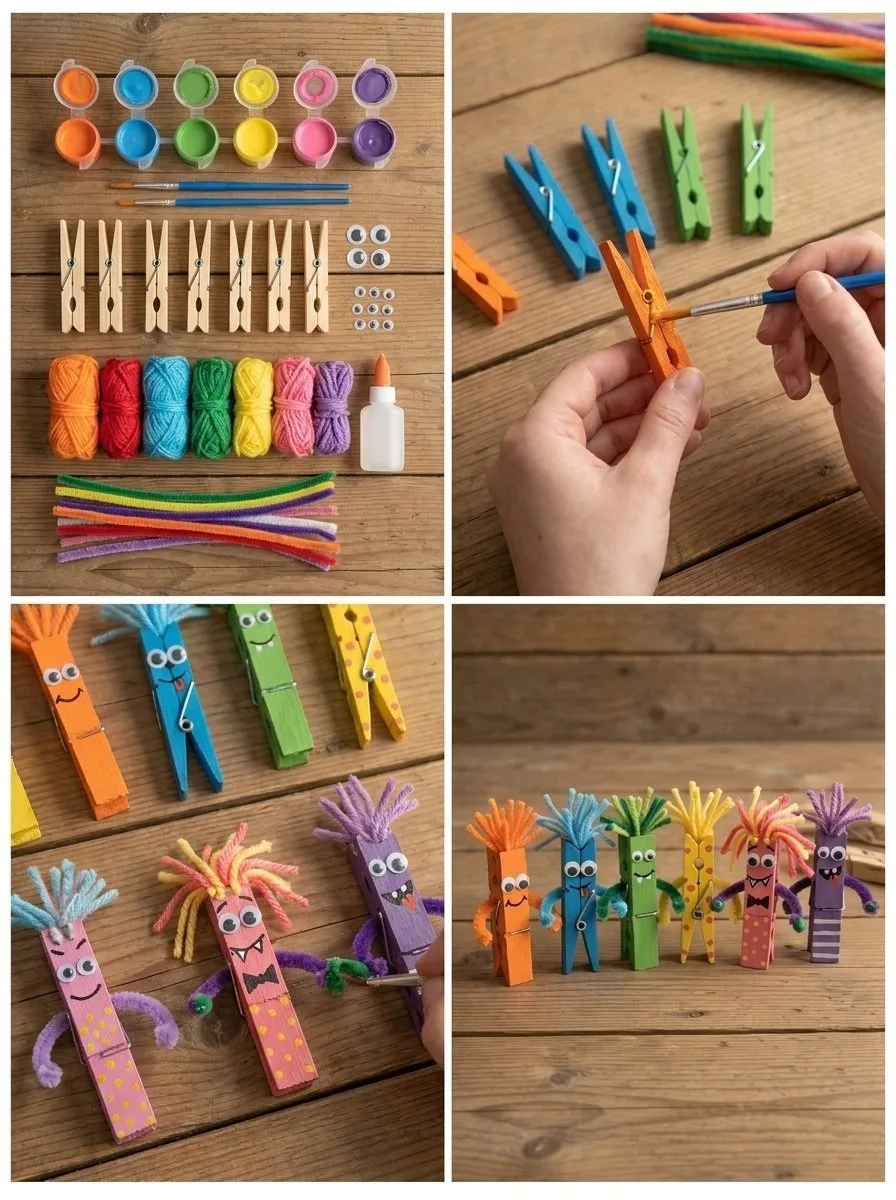 DIY Colorful Clothespin Monster Friends Craft Ideas