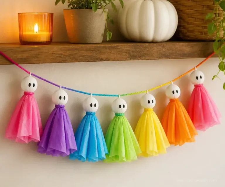 Colorful DIY ghost garland hanging for Halloween decorations