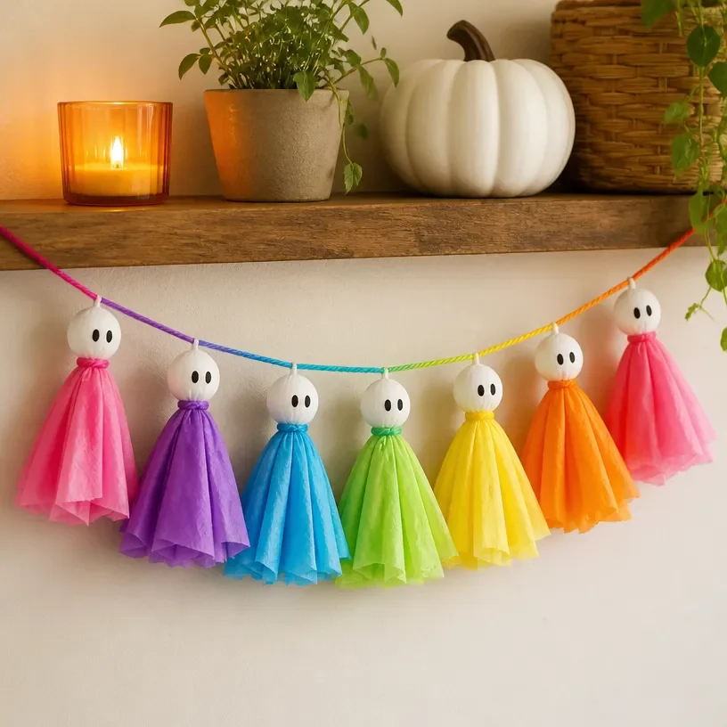 DIY Colorful Ghost Garland Becomes Cozy 7 DIY Colorful Ghost Garland from Coffee Filters for Fun Halloween Decor