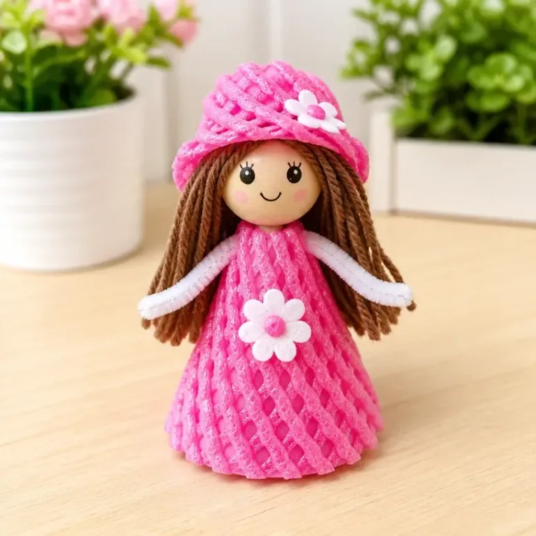 Colorful mini dolls made from fruit foam nets displayed creatively
