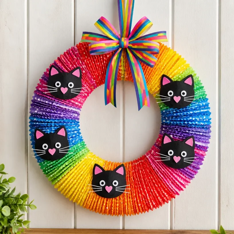 Colorful DIY kitten-themed wreath made with cupcake liners.