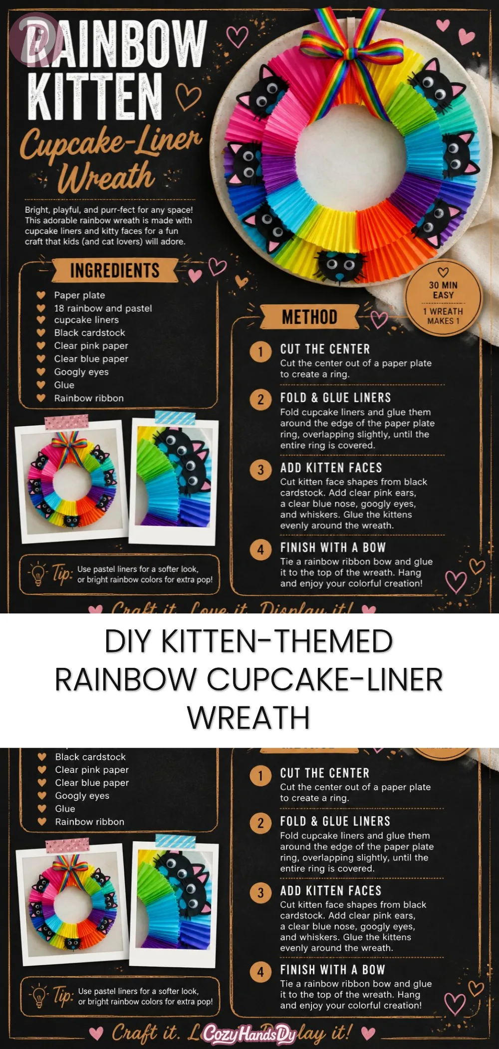DIY Kitten-Themed Rainbow Cupcake-Liner Wreath