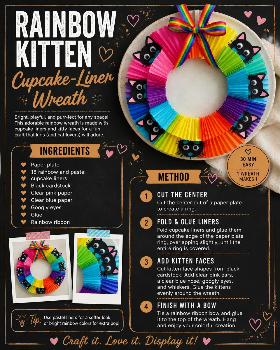 DIY Kitten-Themed Rainbow Cupcake-Liner Wreath