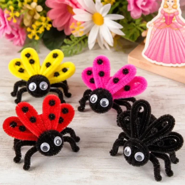 Colorful DIY ladybug craft made from fuzzy wire and pipe cleaners